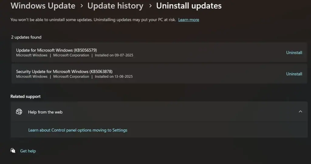 uninstall windows update via settings