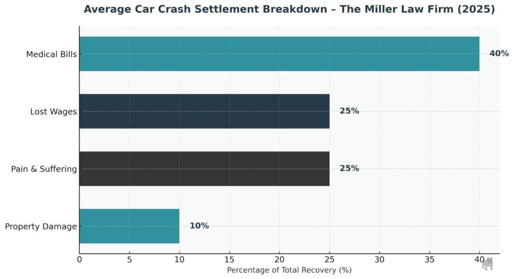 Bar chart showing typical distribution of car crash settlement values in Houston, with The Miller Law Firm logo.
