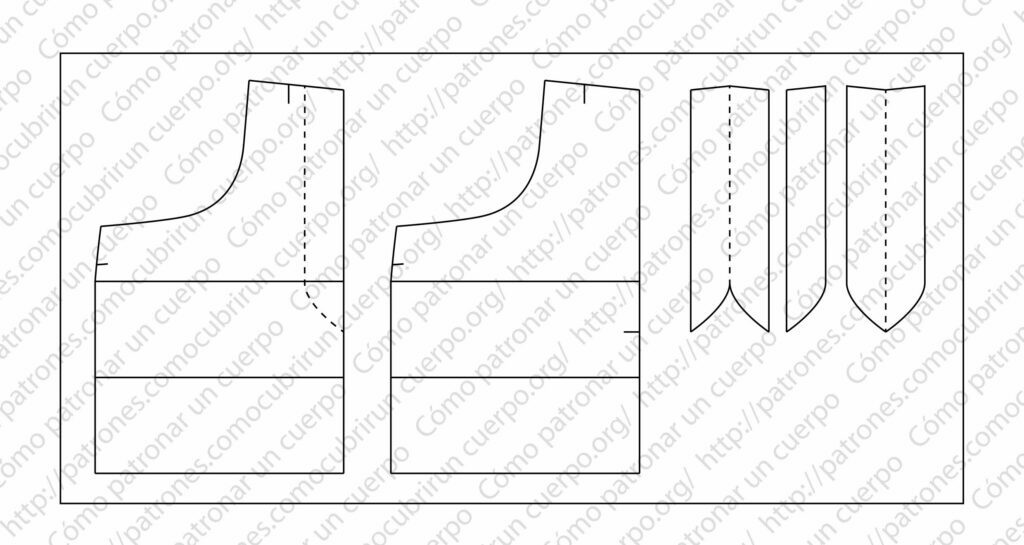 Patrón del delantero de la falda tejana con trazado de la bragueta, piezas separadas y piquetes de montaje señalados