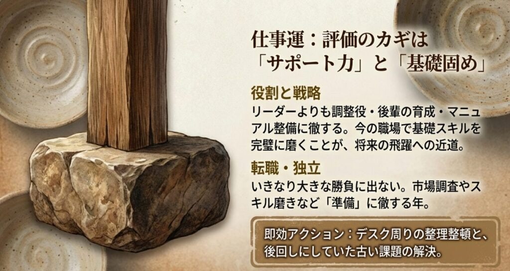 2026年、七赤金星の仕事運は、サポート力と基礎固め。