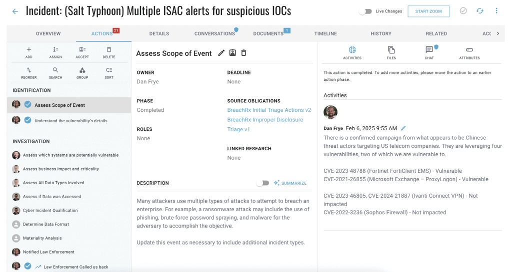Incident Actions A product screenshot of incident actions within BreachRx's incident response management software
