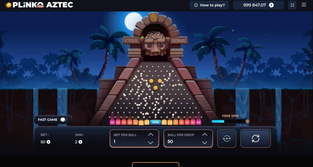 Aztec Plinko ball drop in progress with stake selector and drop button visible