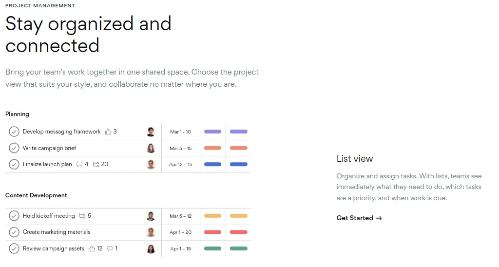 Screenshot of a project management tool showcasing a "Stay organized and connected" section with a list view of tasks like "Develop messaging framework" and "Write campaign brief" along with assigned team members and timelines.