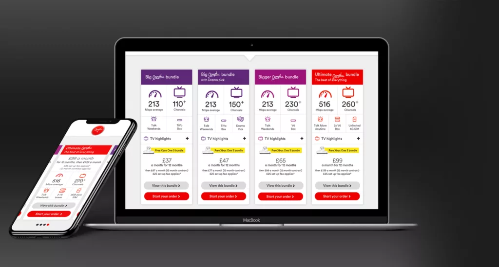 Virgin Media bundle comparison component on mobile and laptop