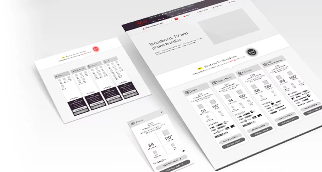 Wireframes of Virgin Media bundle comparison component