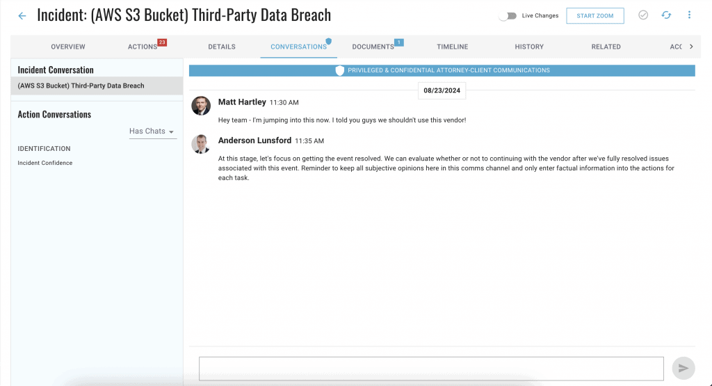 A product screenshot of the protected communications feature within the BreachRx incident response platform