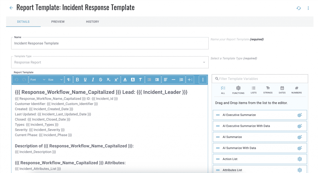Report Template A product screenshot of a report template for incident response within the BreachRx platform