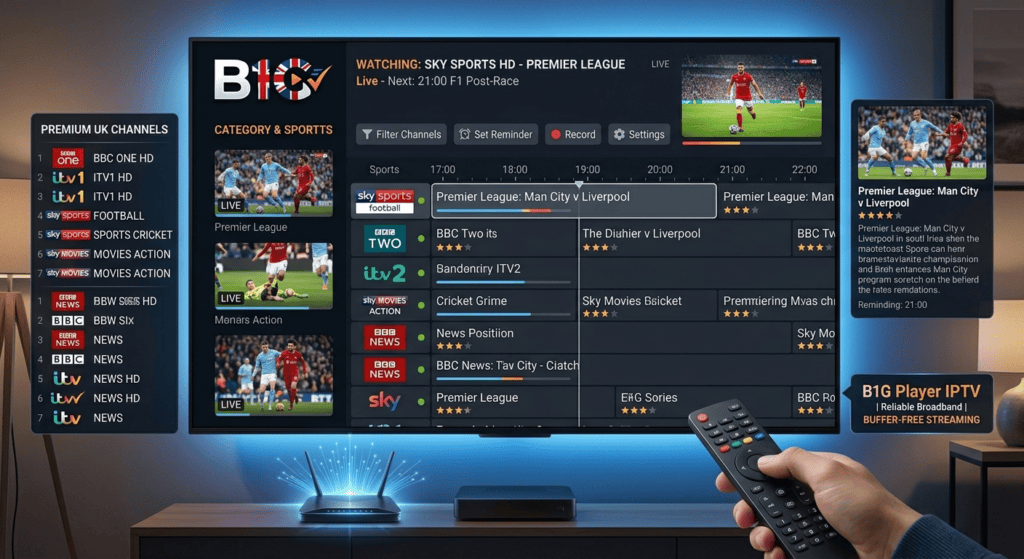 The EPG grid interface of B1G Player IPTV showing live UK sports, news, and entertainment categories.