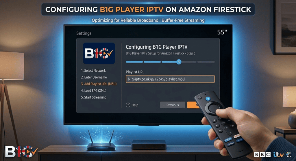Technical guide showing the installation of B1G Player IPTV on an Amazon Firestick for UK broadband streaming.