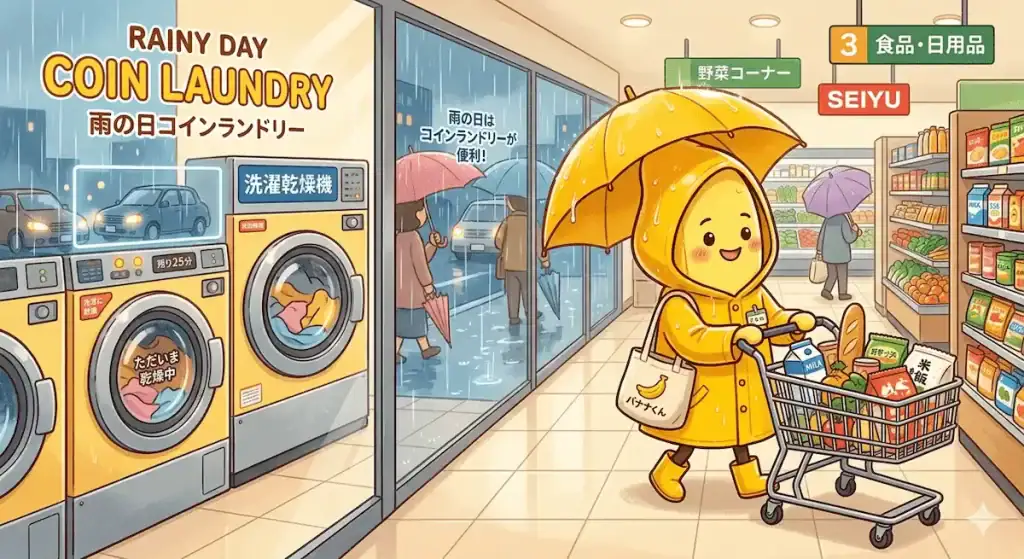 コインランドリーを使って雨の日の買い物を効率的にするバナナ君