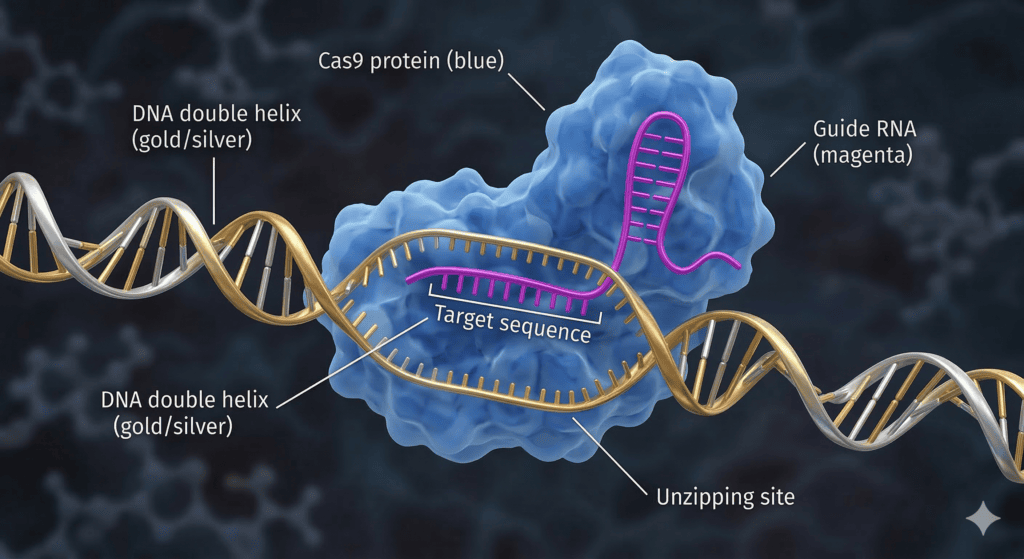 A detailed 3D scientific render showing the CRISPR gene editing process. It features a large, blue Cas9 protein "unzipping" a gold and silver DNA double helix. A magenta guide RNA is attached to the protein, directing it to a specific target sequence on the DNA strand for precise genetic engineering.