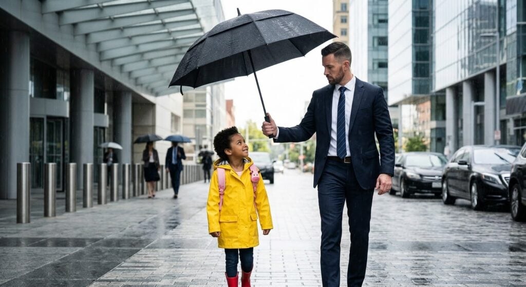 Executive protection agent holding an umbrella over a child on a city sidewalk