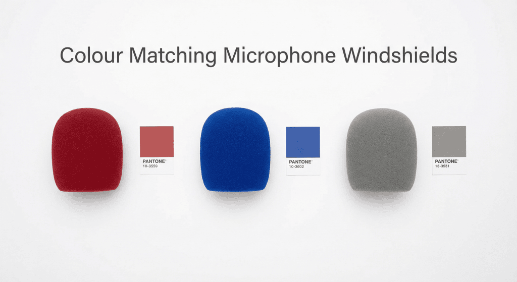 Three foam microphone windshields in red, blue, and grey next to Pantone colour swatch cards on white background