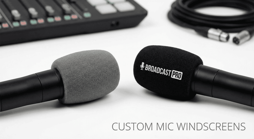 Two handheld microphones side by side — plain foam windscreen and custom mic windscreen with logo on white background