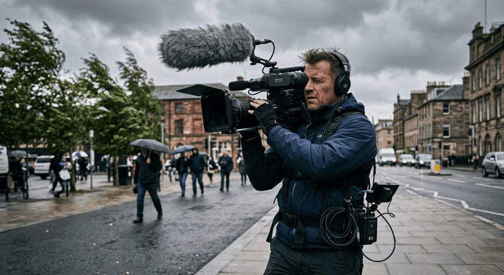 Camera operator using a dead cat windscreen on a boom mic outdoors