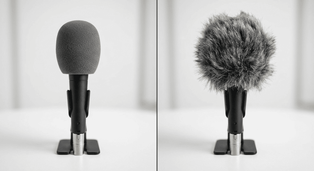 Foam vs fur windscreen side by side on white surface