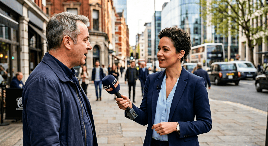 Journalist using foam windscreen handheld mic for outdoor interview