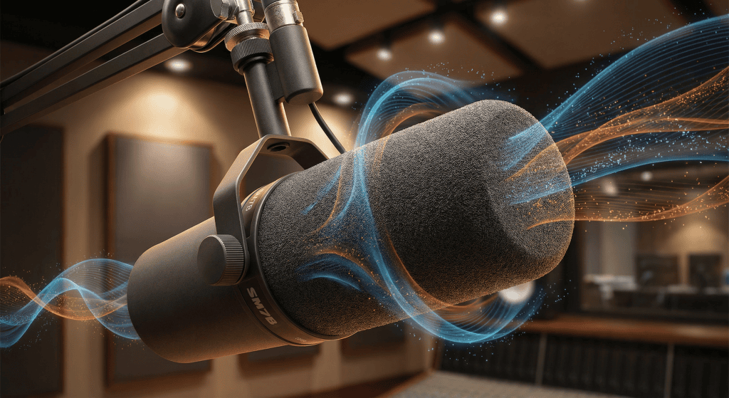 Professional broadcast microphone with foam windscreen showing sound waves and airflow for clarity