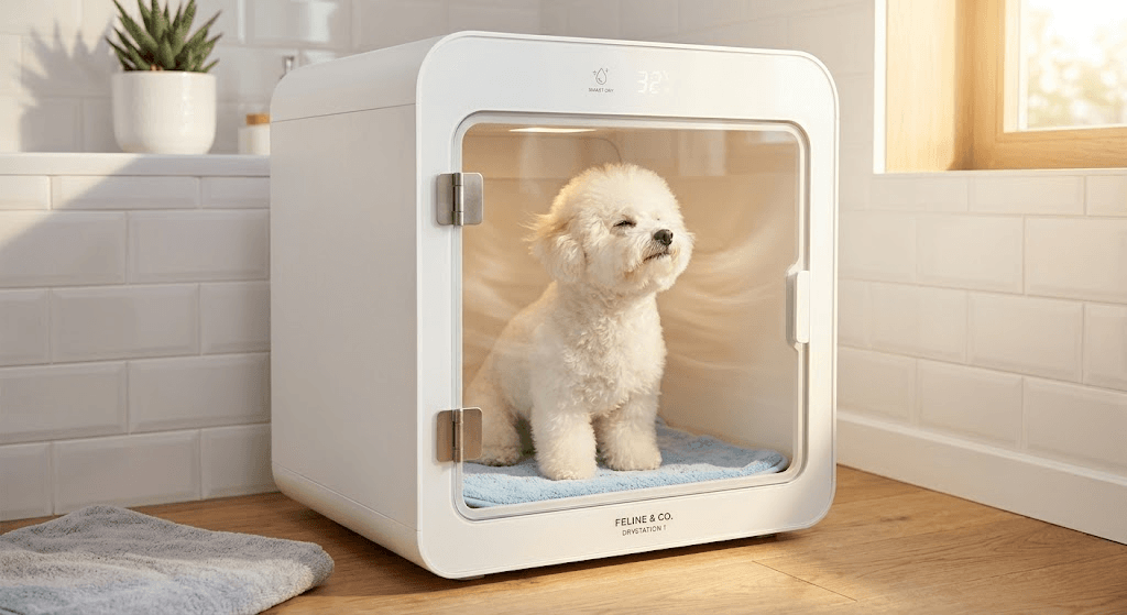 A calm cat or small dog relaxing inside a modern smart pet dryer room after a bath.
