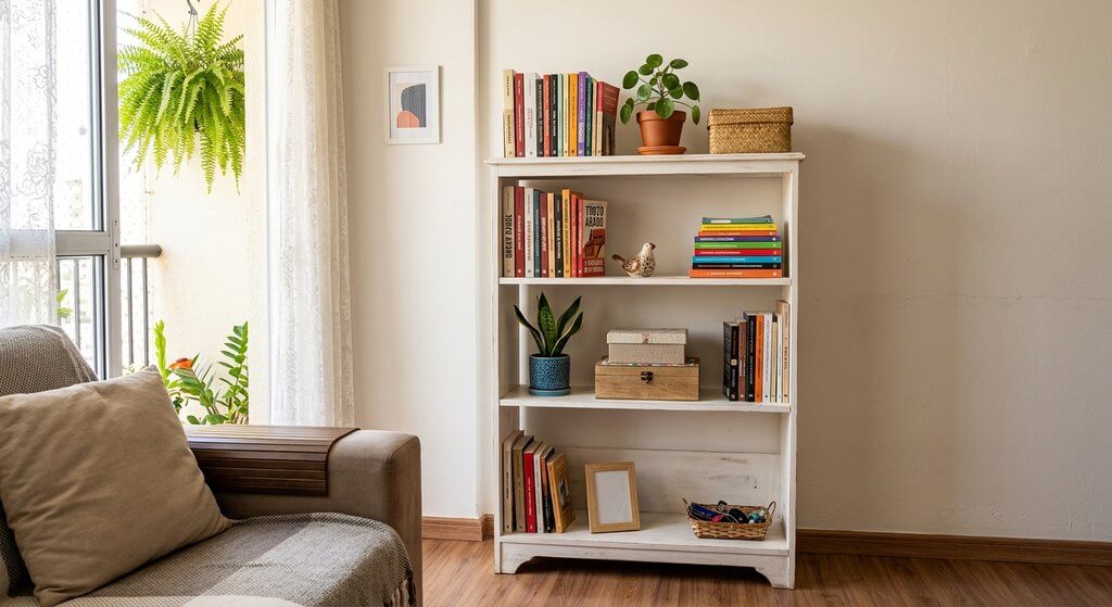 Estante pequena organizada com livros, plantas e caixas decorativa