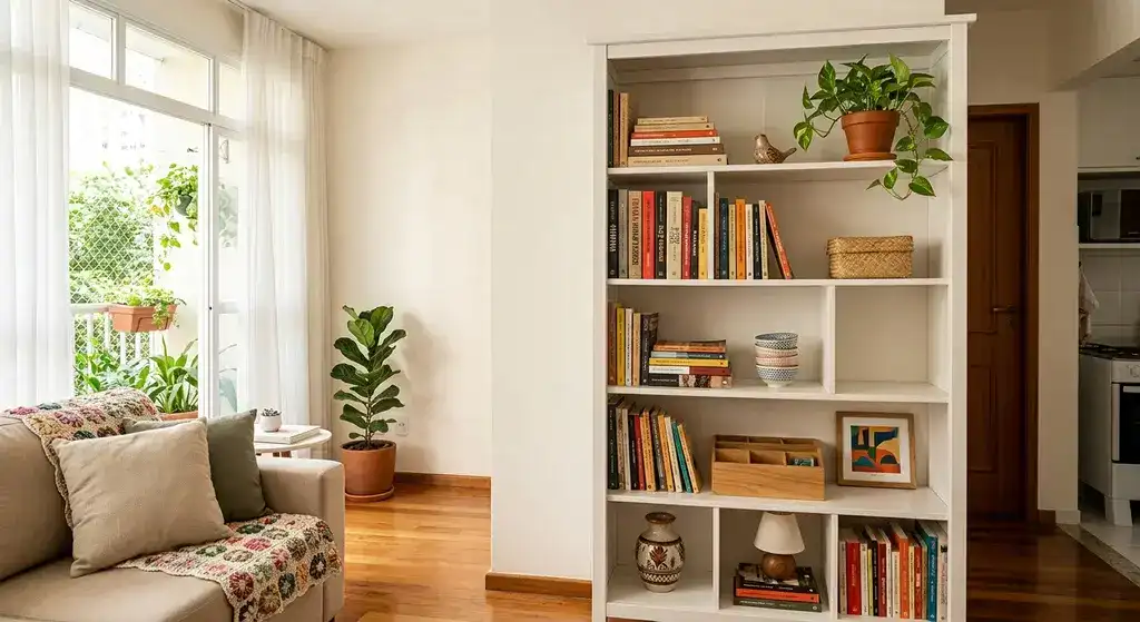 Estante residencial organizada de forma criativa e equilibrada