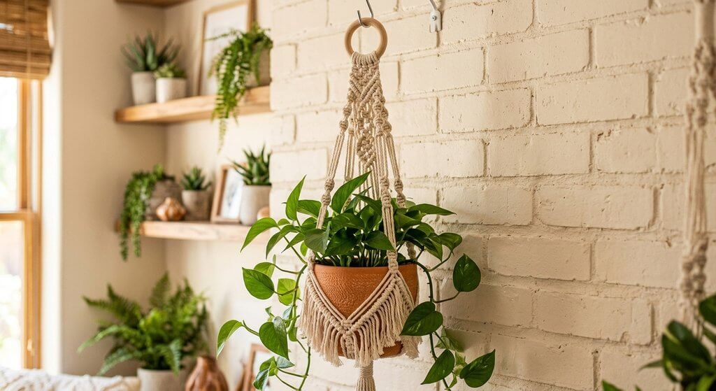 Suporte suspenso de macramê feito com cordão de algodão cru pendurado em um gancho, segurando um vaso de cerâmica com uma planta jibóia verde em uma sala decorada em estilo boho.