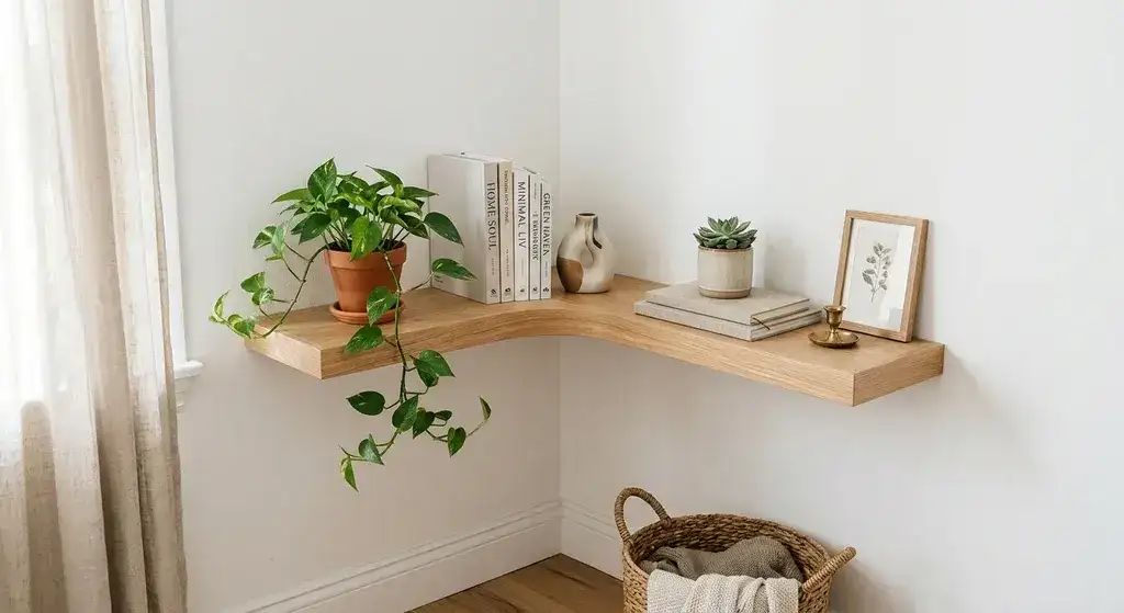 Prateleira flutuante de canto em formato de L instalada na parede com plantas ornamentais e livros.