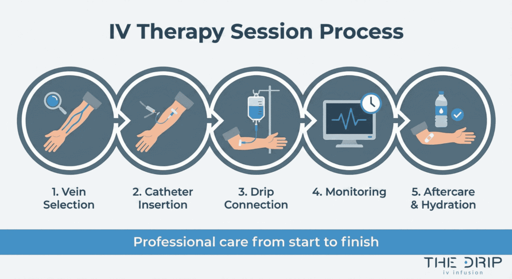 Illustrated steps showing how IV therapy is administered from start to finish.
