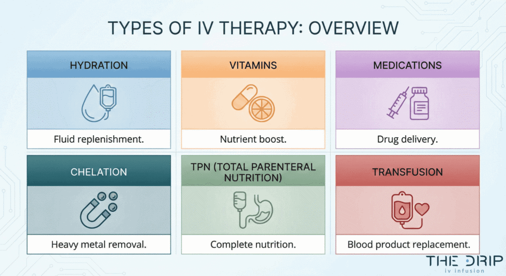 Graphic comparing types of IV therapy including hydration, vitamins, and TPN.