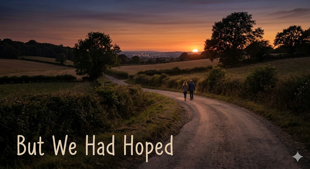 #A couple walks hand in hand down a rural road at sunset, with the words "But We Had Hoped" written in the corner. Transcribed Text: But We Had Hoped