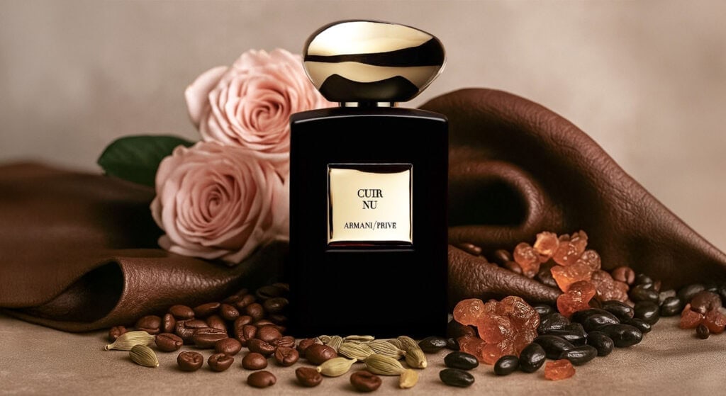 Armani Privé Cuir Nu fragrance inspired by Venetian leather artistry, blue cardamom, Arabica espresso, Damask rose, nappa leather, amber, labdanum, and toasted tonka bean