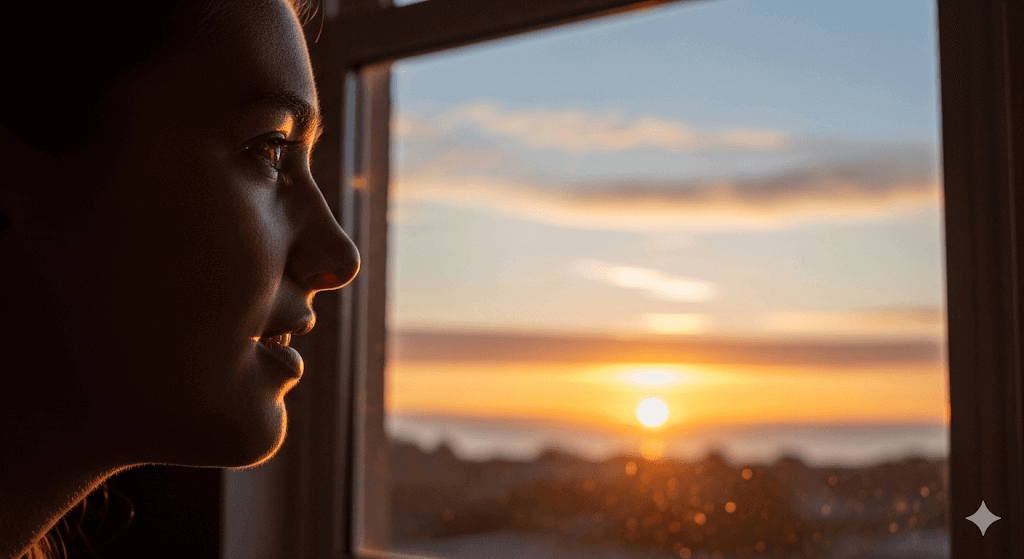A person looking out a window at a hopeful sunrise, symbolizing the comfort and relief found with CBD.