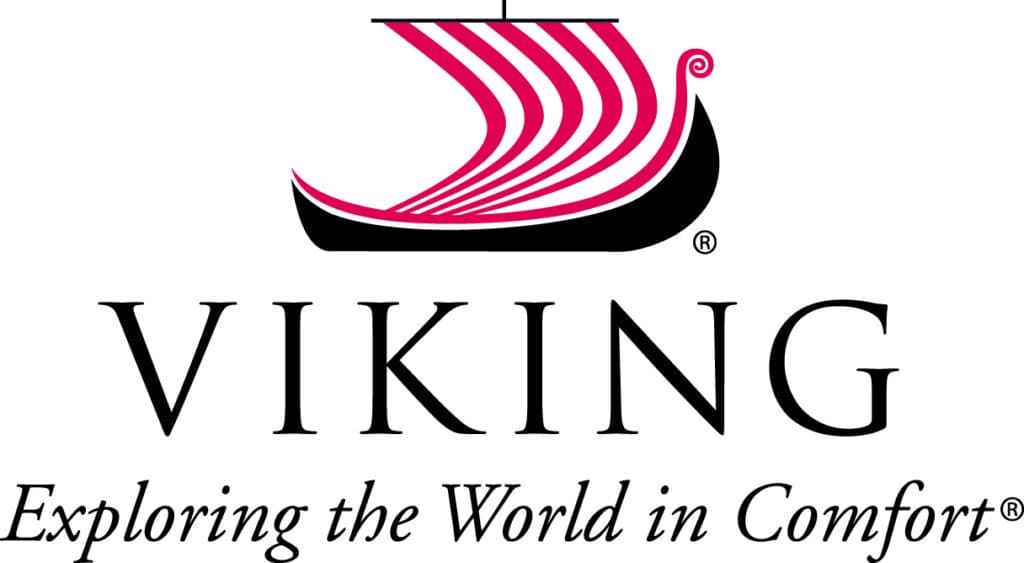 Viking cruise ship logo promoting luxury travel and exploration options for vacationers.