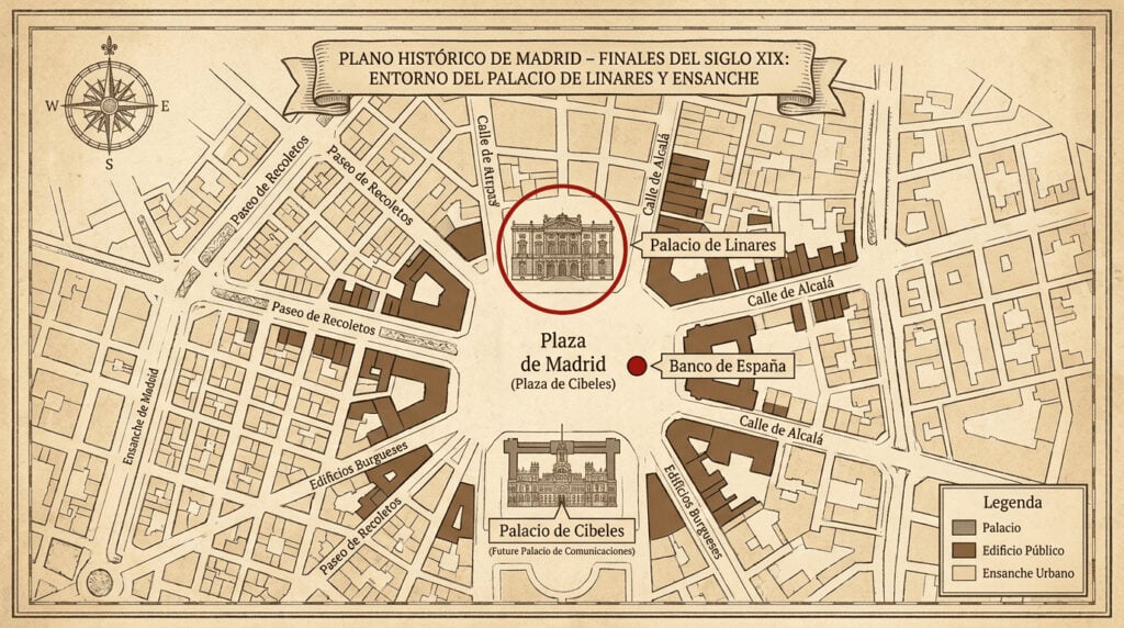Recreación de un plano  histórico del Madrid de finales del S. XIX. Centrado en el Palacio de Linares