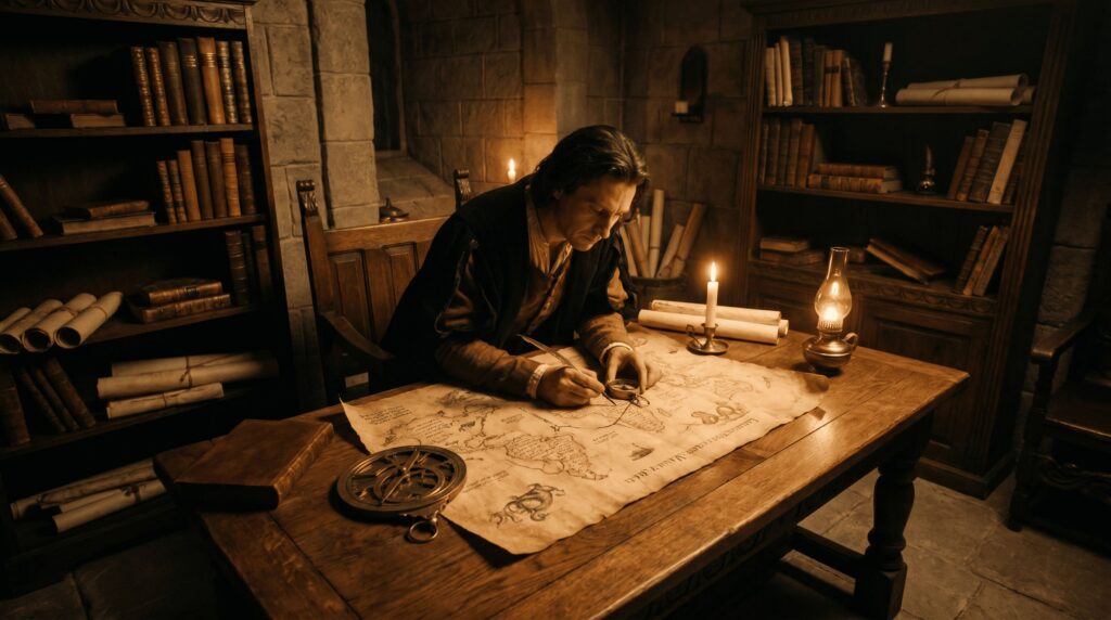 Cristóbal Colón analiza uno de sus mapas secretos.