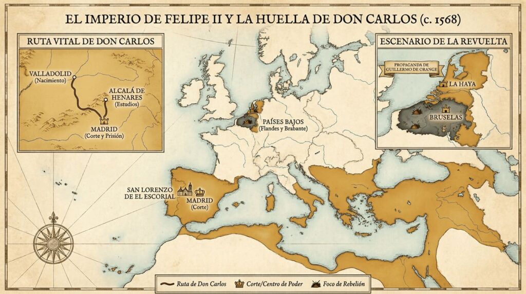 Mapa del impreio en Europa en 1568 y la huella de D.Carlos