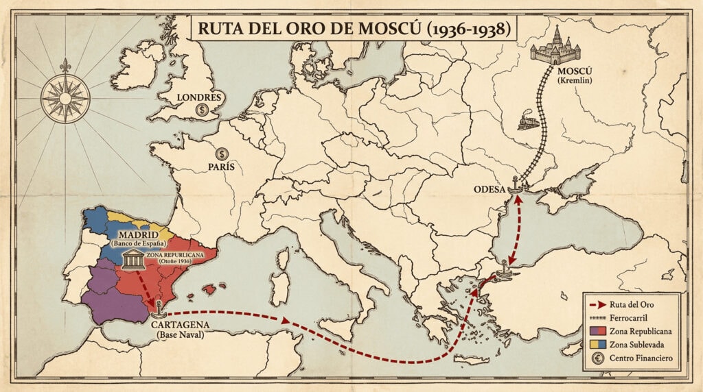 En pleno asedio de Madrid, el Gobierno republicano vació la cámara del Banco de España y envió 510 toneladas de oro a la URSS para pagar armas. Aquella operación, que permitió a la República resistir un tiempo más, fue convertida por el franquismo en el mito del “mayor robo de nuestra historia”. Hoy, los archivos muestran que el Oro de Moscú fue menos un expolio que una apuesta desesperada… cuyo precio seguimos discutiendo casi un siglo después.