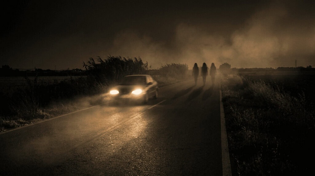 Portada histórica sobre el caso de Alcàsser, con carretera nocturna, luces de búsqueda y una atmósfera oscura de desaparición y misterio.