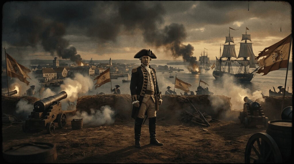 Portada histórica de Bernardo de Gálvez durante el asedio de Pensacola, con humo, cañones, barcos y luz dramática en estilo premium.