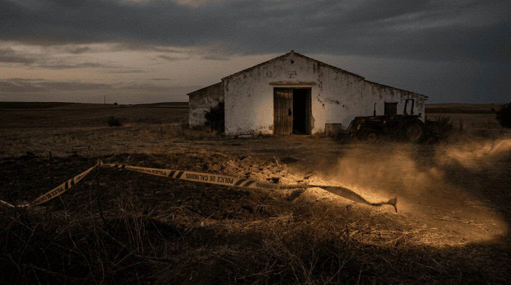 Portada histórica sobre Los Galindos, con un cortijo sevillano, cinta policial, tierra removida y luz dramática en un paisaje rural oscuro.