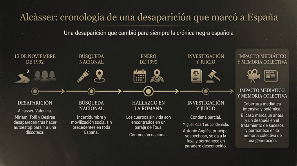 Infografía horizontal sobre el caso de Alcàsser con línea del tiempo, hallazgo de los cuerpos y resumen del impacto mediático en España.