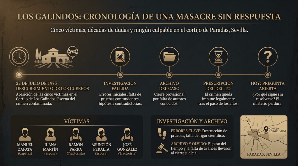 Infografía horizontal sobre Los Galindos con línea del tiempo, víctimas, errores de investigación, mapa de Paradas y resumen del caso sin resolver.
