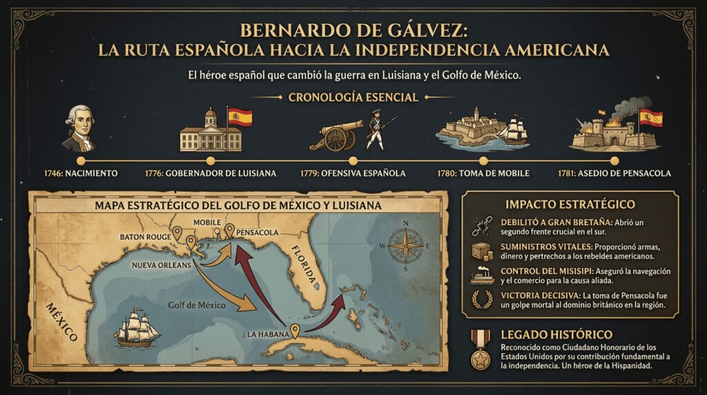 Infografía horizontal sobre Bernardo de Gálvez, con línea del tiempo, mapa histórico del Golfo de México y resumen de su papel clave en la independencia de EEUU.