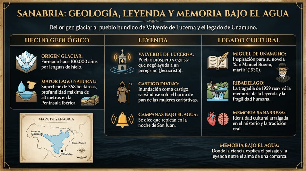 Infografía horizontal sobre el lago de Sanabria, con comparación entre hecho geológico, leyenda de Valverde de Lucerna y legado literario.