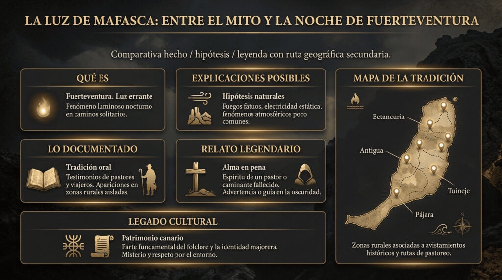 Infografía horizontal sobre La Luz de Mafasca, leyenda espectral de Fuerteventura, con comparativa entre hecho, hipótesis y leyenda, mapa de la isla e iconografía nocturna en tonos oscuros y dorados.