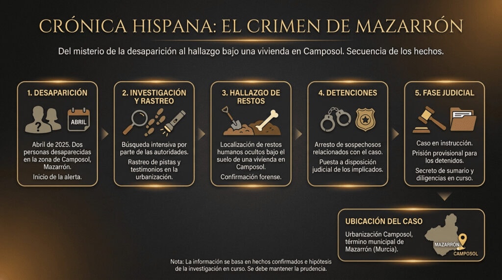 Infografía horizontal sobre el crimen de Mazarrón con secuencia de hechos, mapa de Camposol y resumen de la investigación y el hallazgo de restos humanos.