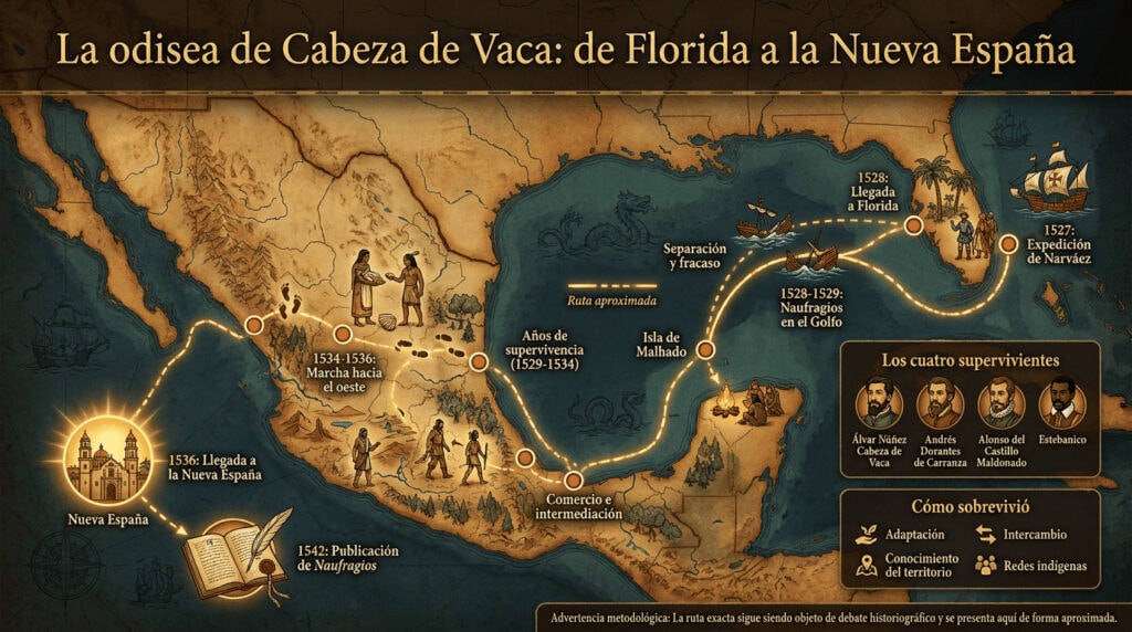 Infografía con la ruta aproximada de Álvar Núñez Cabeza de Vaca desde Florida hasta la Nueva España entre 1528 y 1536.