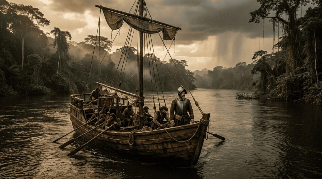 Francisco de Orellana y sus hombres navegan en un bergantín improvisado por el Amazonas durante la expedición en busca de El Dorado.