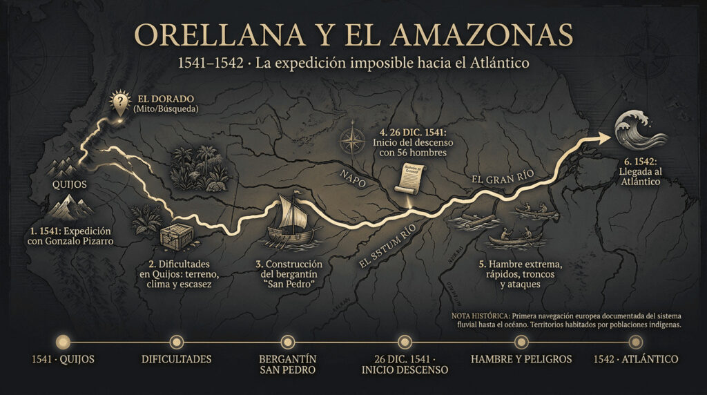 Infografía histórica sobre Francisco de Orellana y la expedición de 1541–1542 desde la región de Quijos hasta el Atlántico por el sistema del Amazonas.