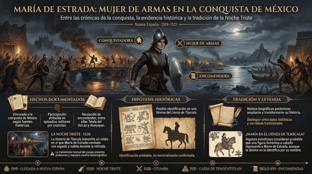 Infografía histórica sobre María de Estrada, mujer española vinculada a la conquista de México, con información sobre su participación en la Noche Triste, las fuentes históricas y las hipótesis sobre su representación en el Lienzo de Tlaxcala.